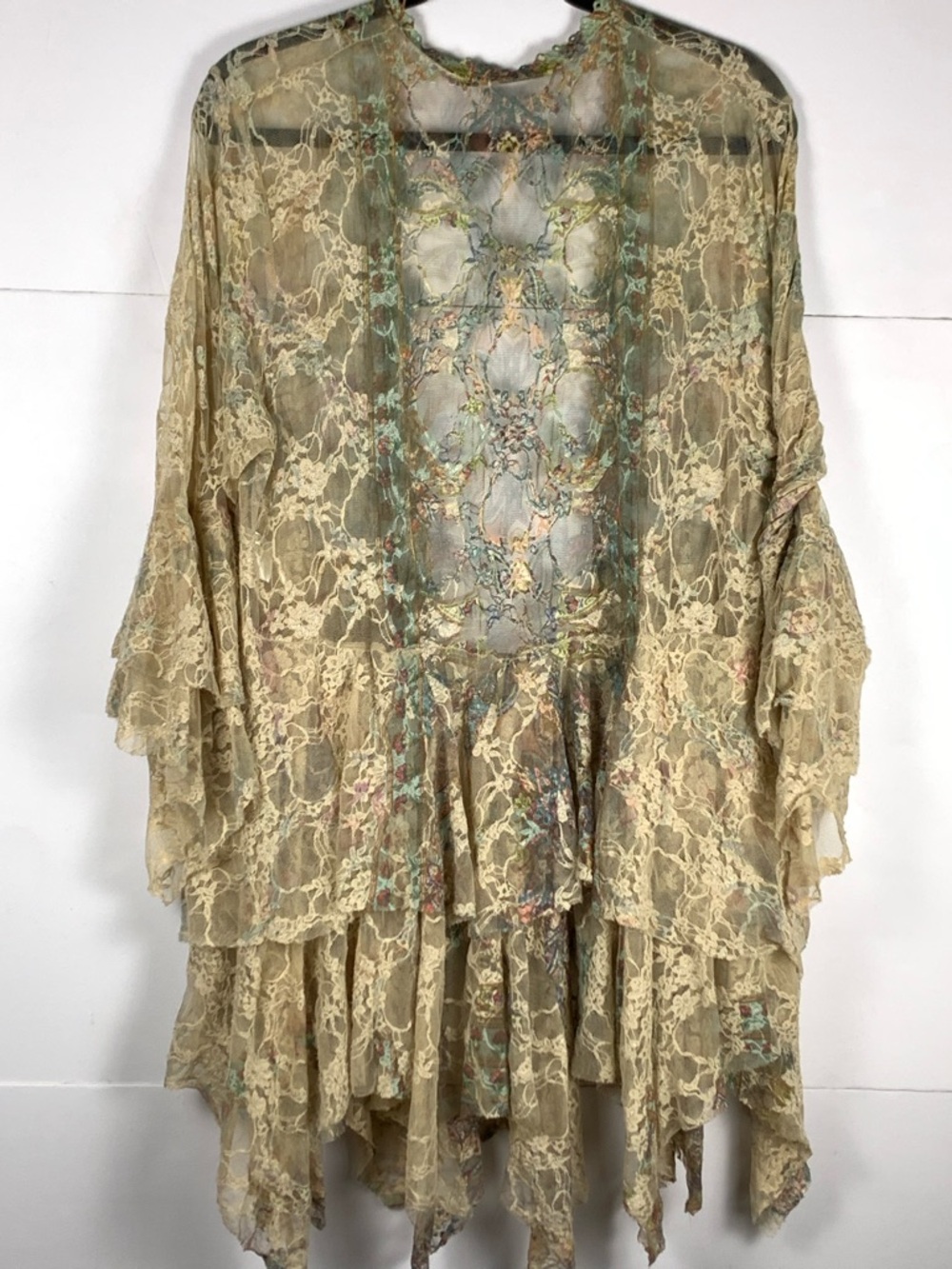 Origami Kimono Cardigan L Beige Lace Hi Low Boho Open Front Ruffle Sheer - Picture 13 of 16